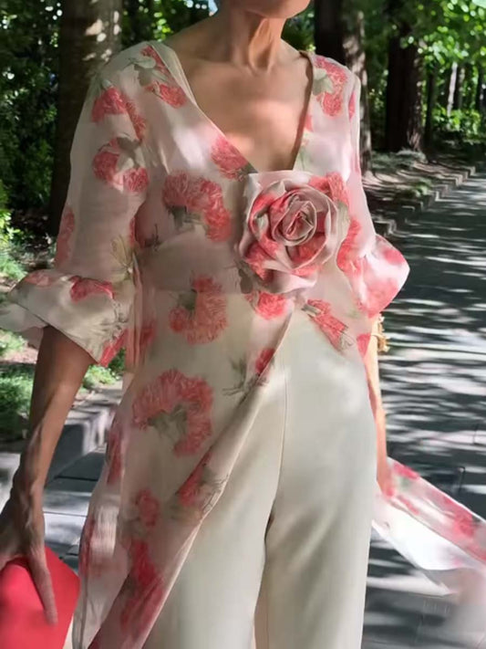 3D Flower Printed Tassels Hem Top