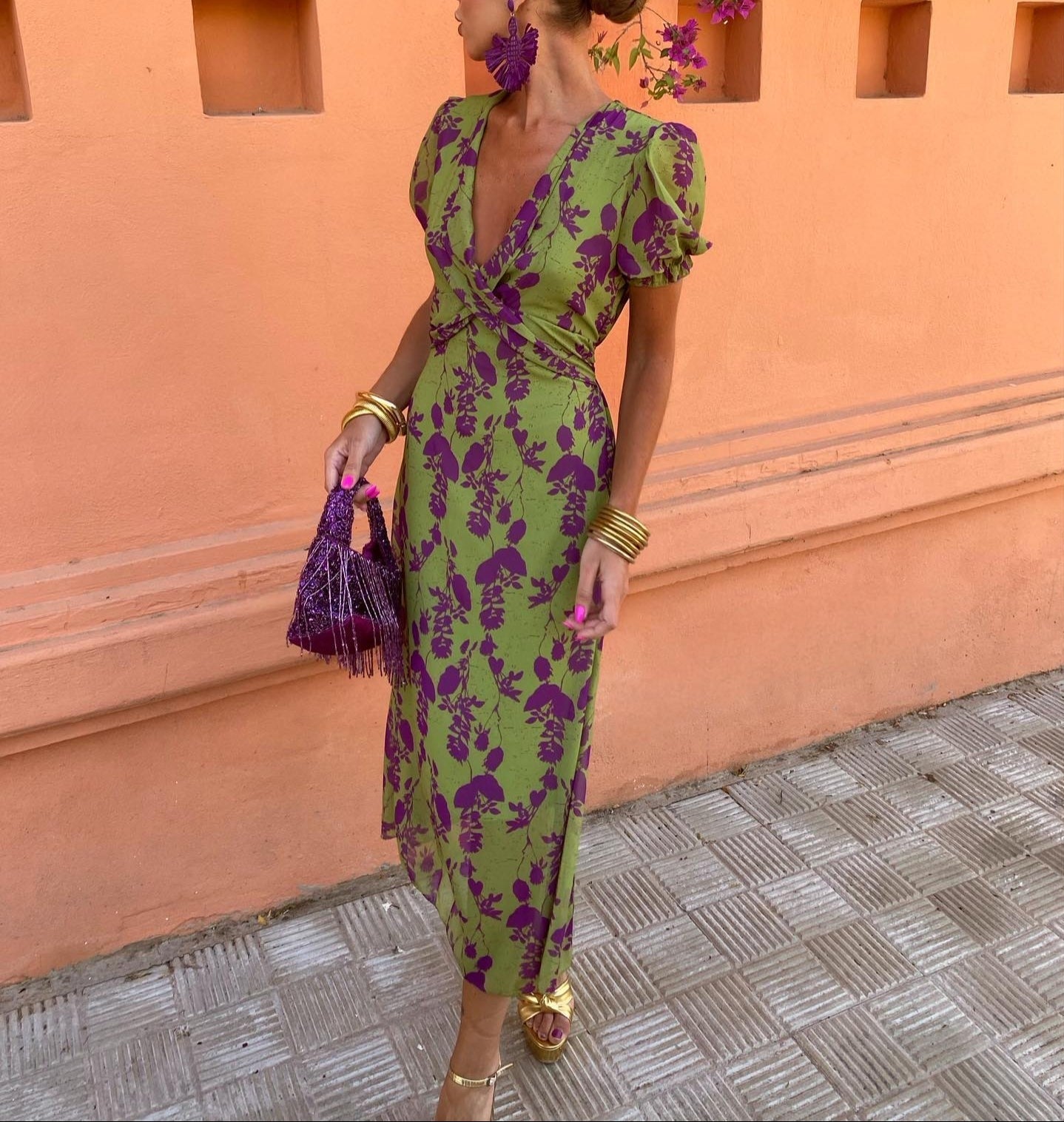 Green V-Neck Short Sleeve Maxi Dress