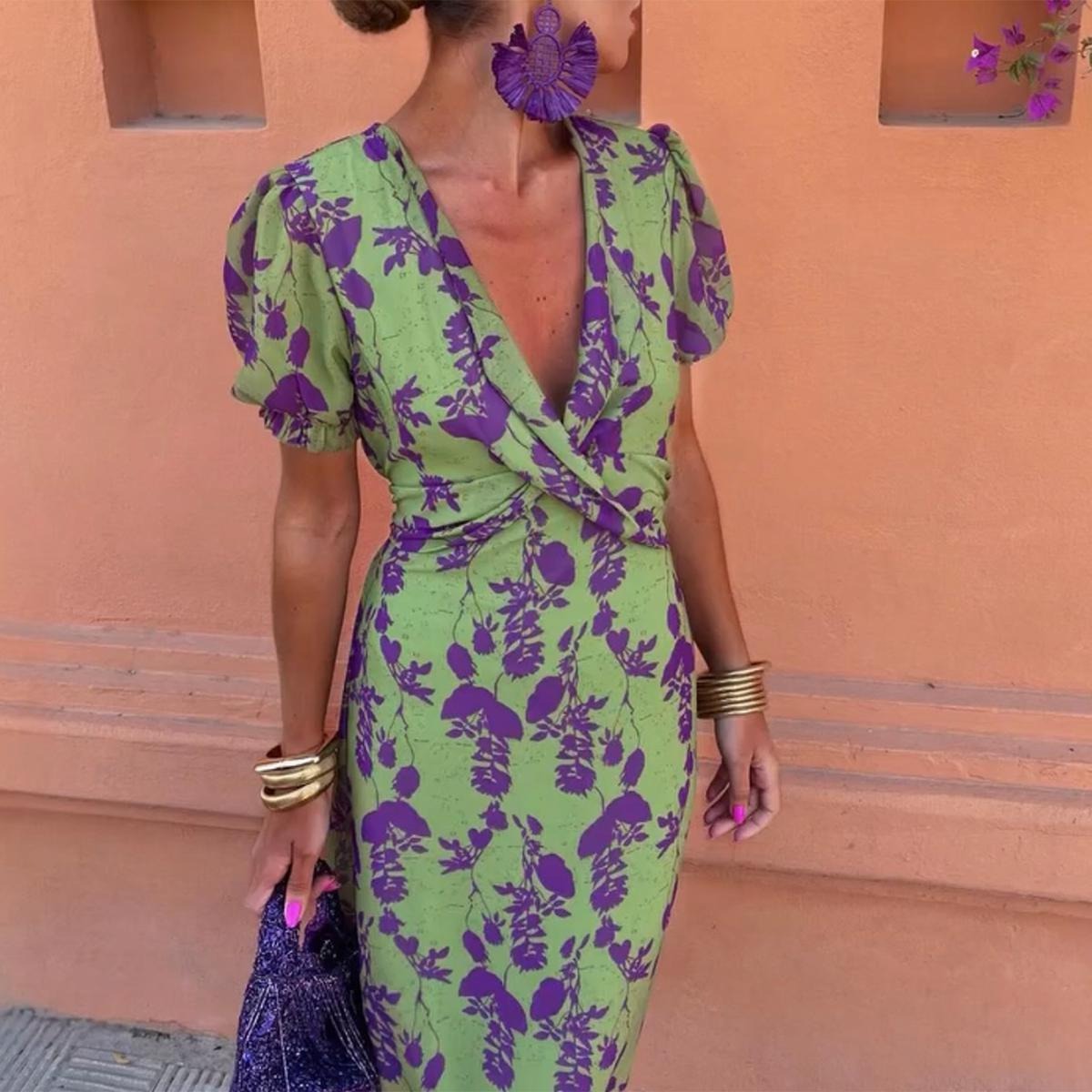Green V-Neck Short Sleeve Maxi Dress