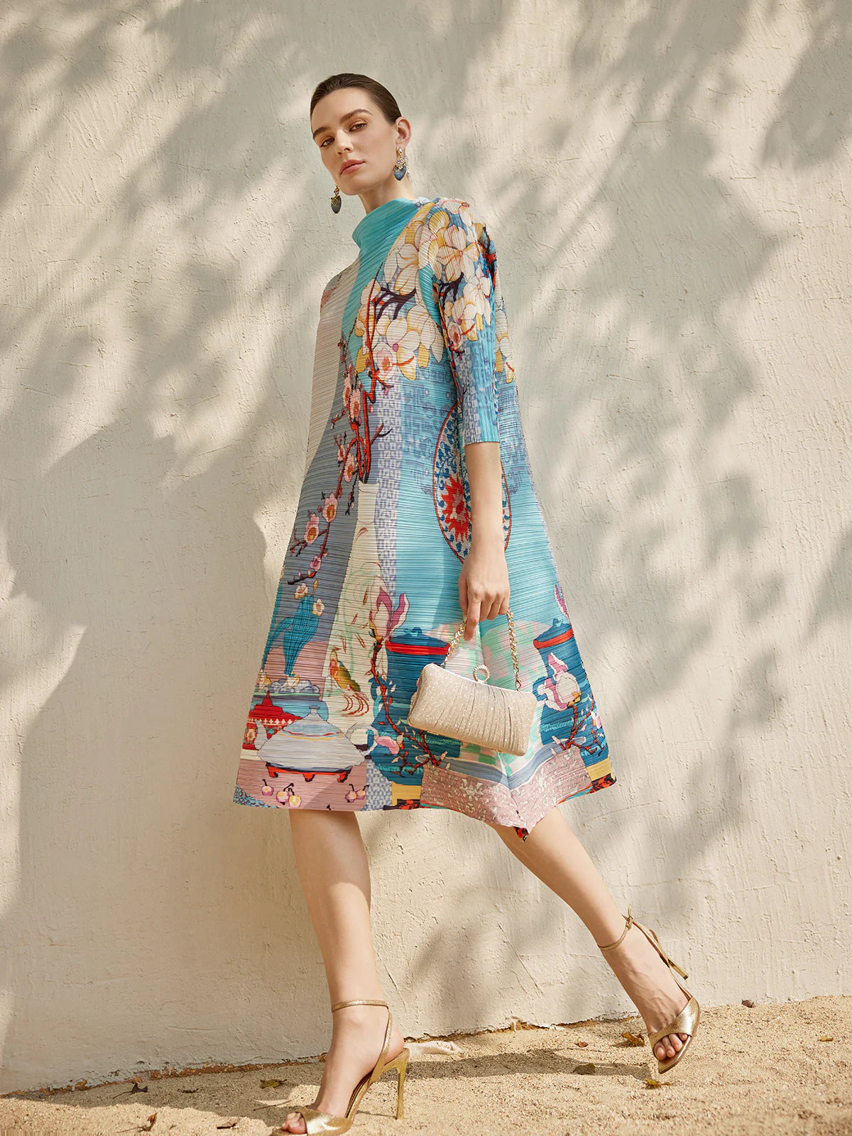 Artistic Print Pleated High Neck Dress
