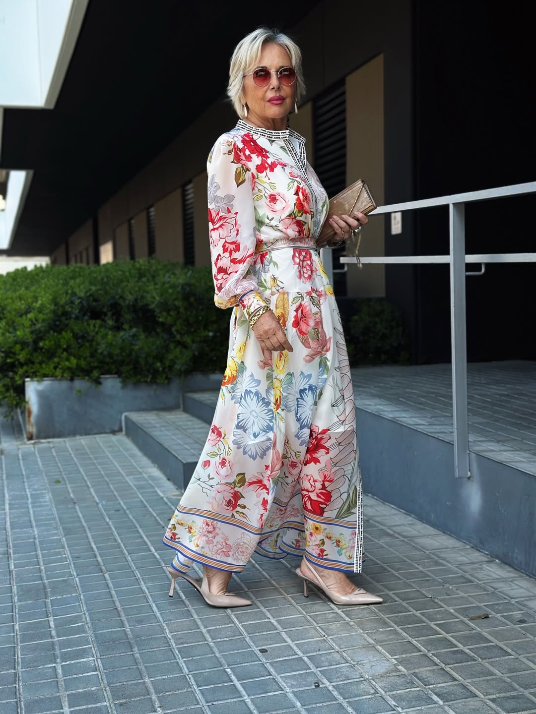 Floral Printed Adjustable-Cuffs Shirt Dress