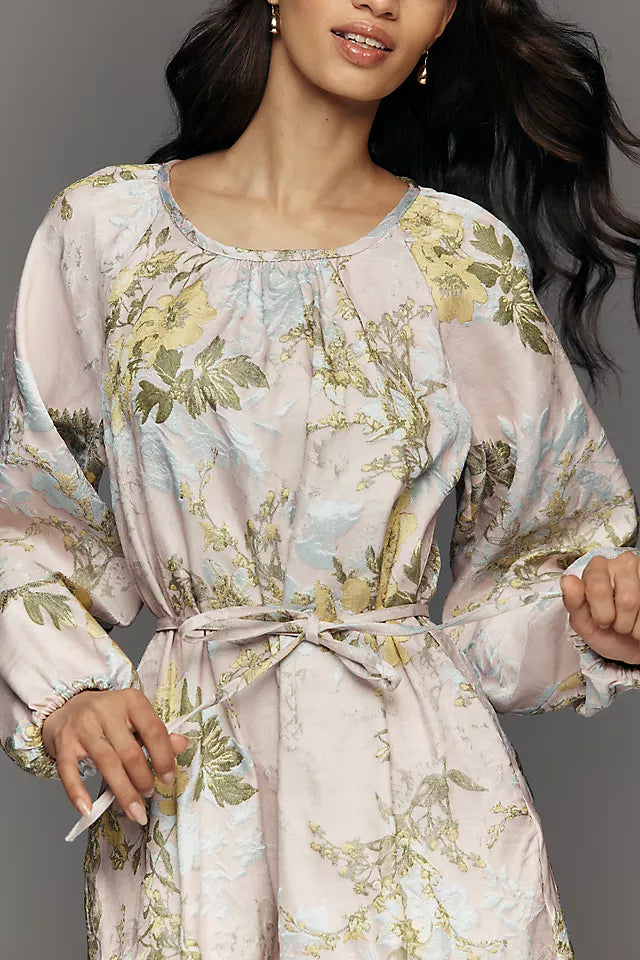 Long-Sleeve Scoop-Neck Brocade Mini Dress