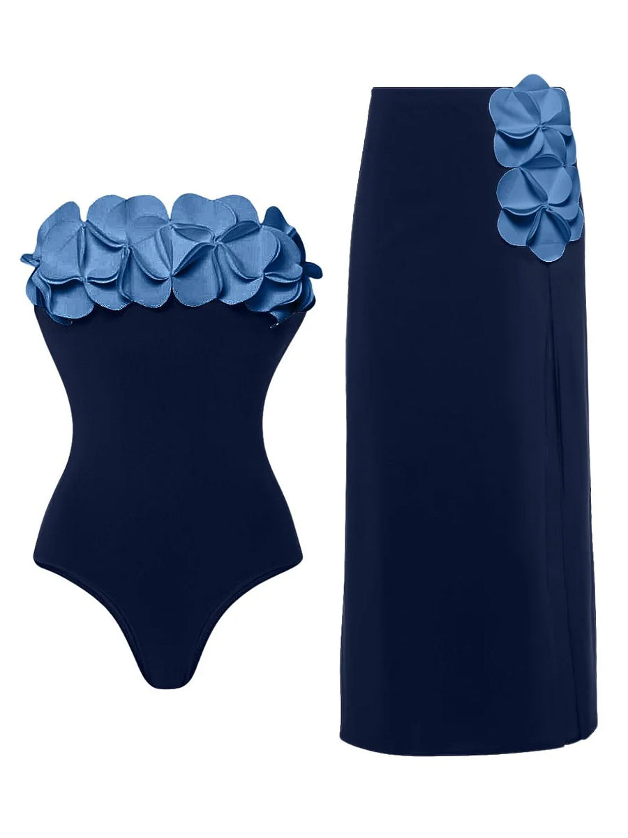 3D Flower Strapless Swimsuit 2 Piece Set