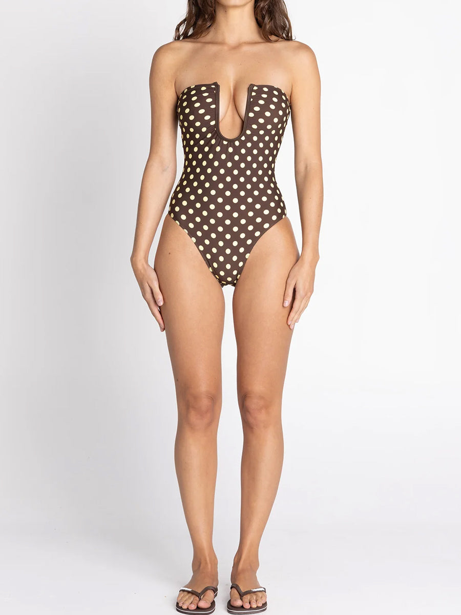 Deep U-wired Neck Strapless One-piece Swimwear