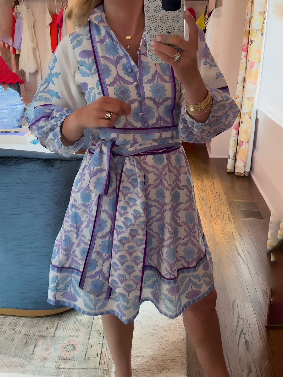 Placement Print Long Sleeve Belted Mini Dress
