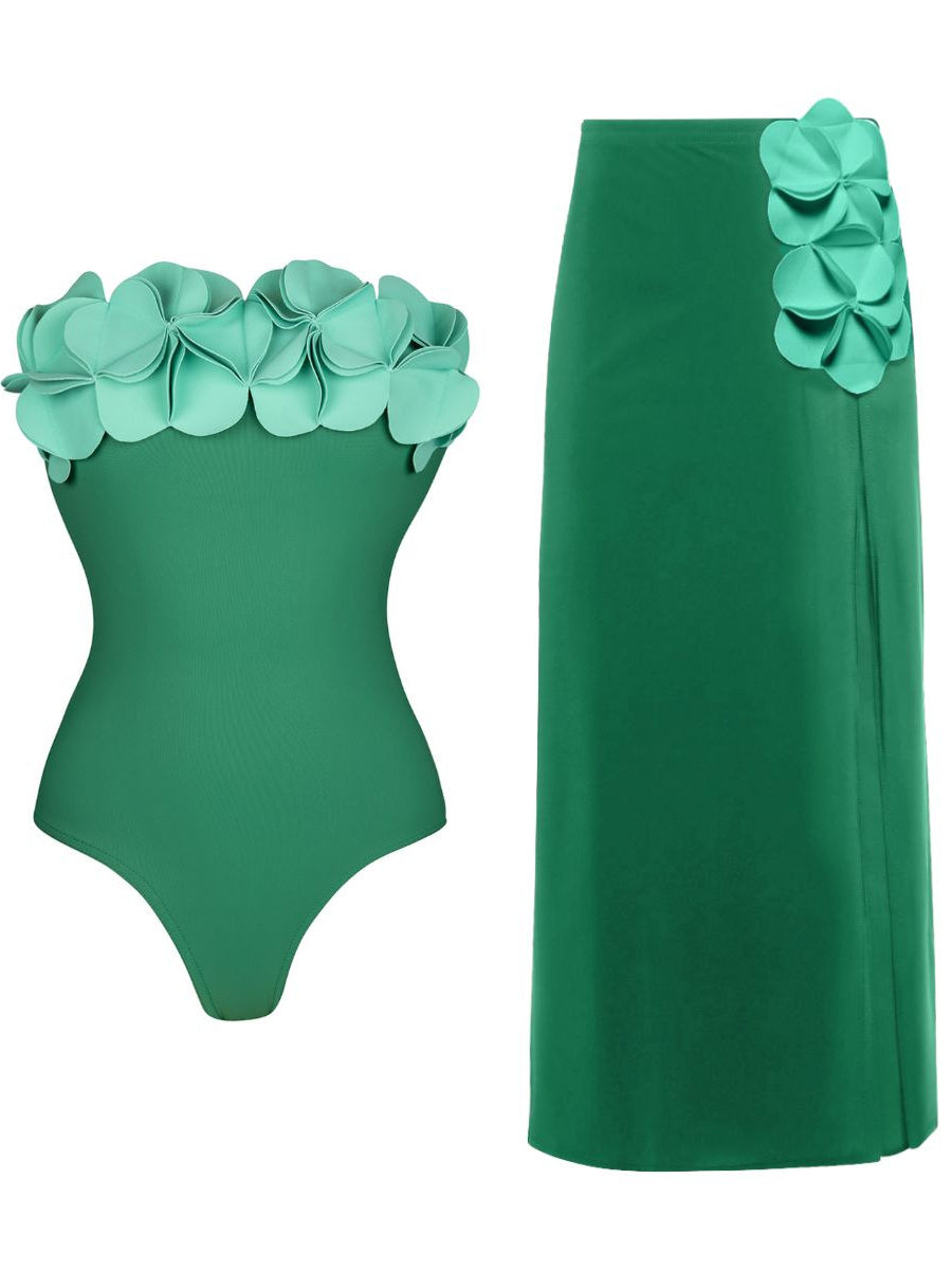 3D Flower Strapless Swimsuit 2 Piece Set