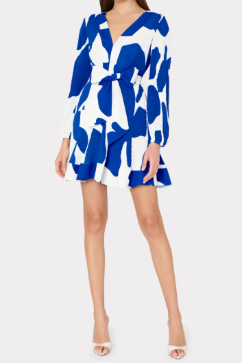 Blue Printed Pleated Short Dress