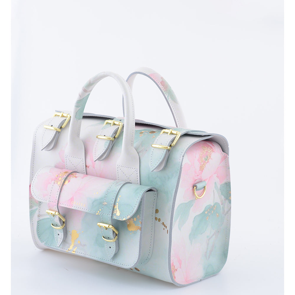 White floral leather shoulder bag