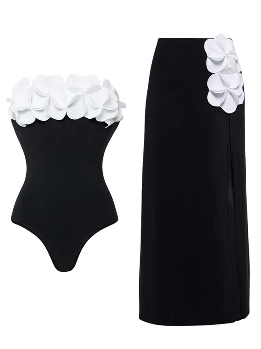 3D Flower Strapless Swimsuit 2 Piece Set