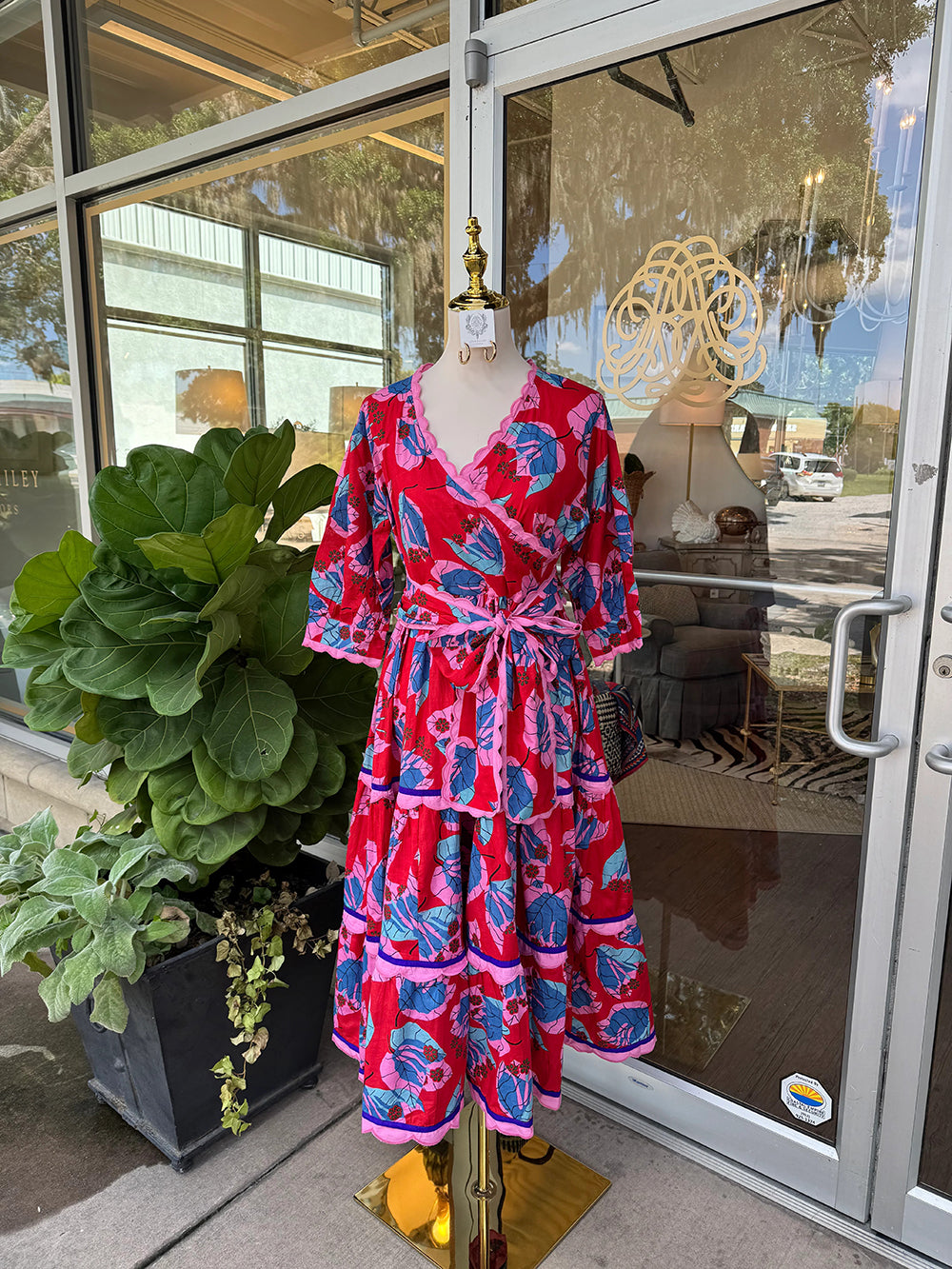 Vintage Boho Red & Pink Floral Scalloped Edge Wrap Tiered Midi Dress