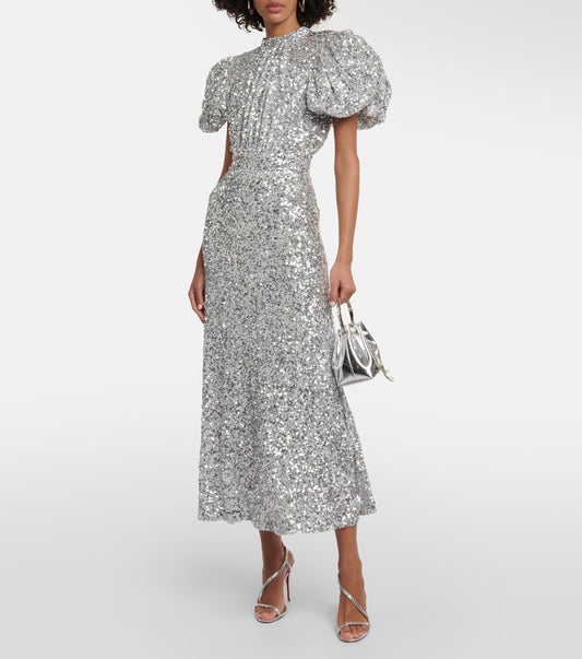 Silver Sequin Puff Sleeve Dress