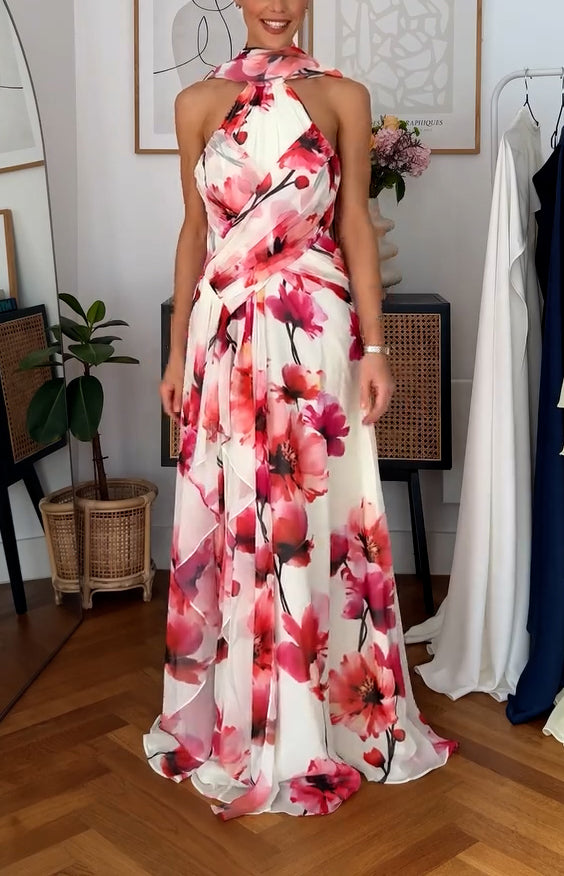 Cream Base Floral Chiffon Formal Maxi Dress