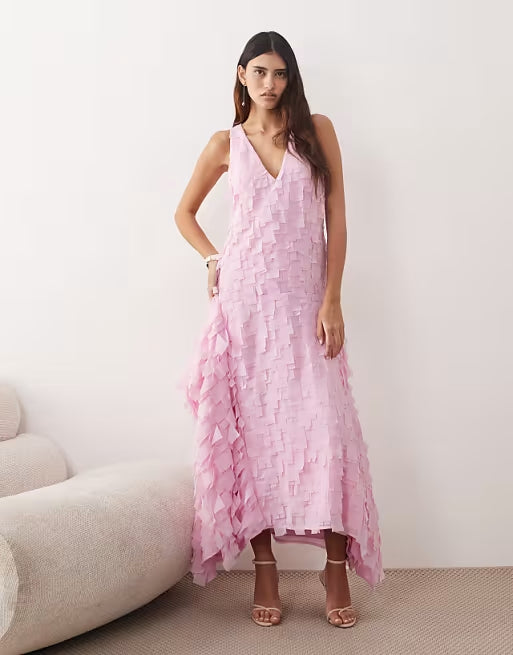 Blush Petal Fringe Maxi Dress