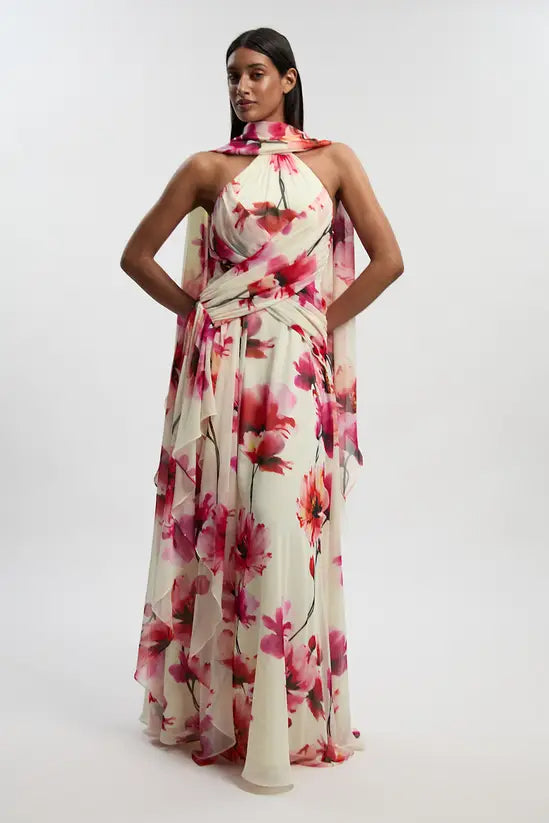 Cream Base Floral Chiffon Formal Maxi Dress