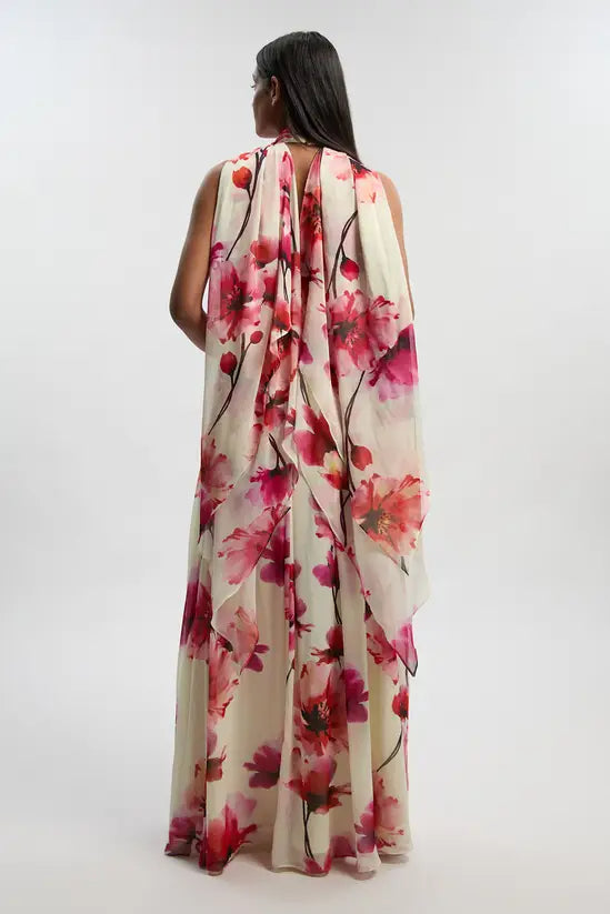 Cream Base Floral Chiffon Formal Maxi Dress