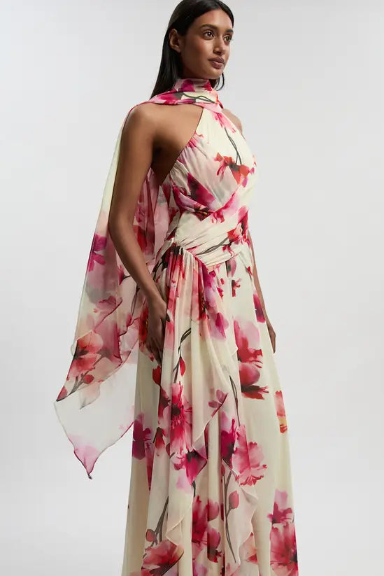 Cream Base Floral Chiffon Formal Maxi Dress