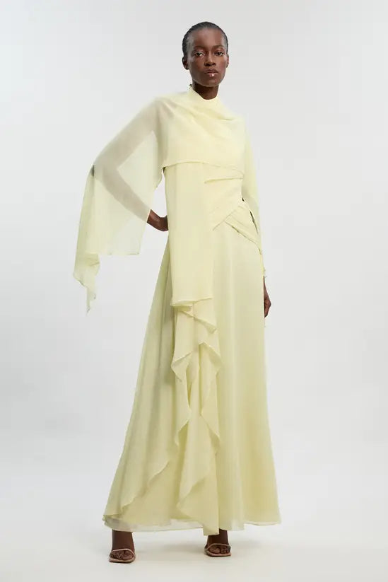 Cream Base Floral Chiffon Formal Maxi Dress