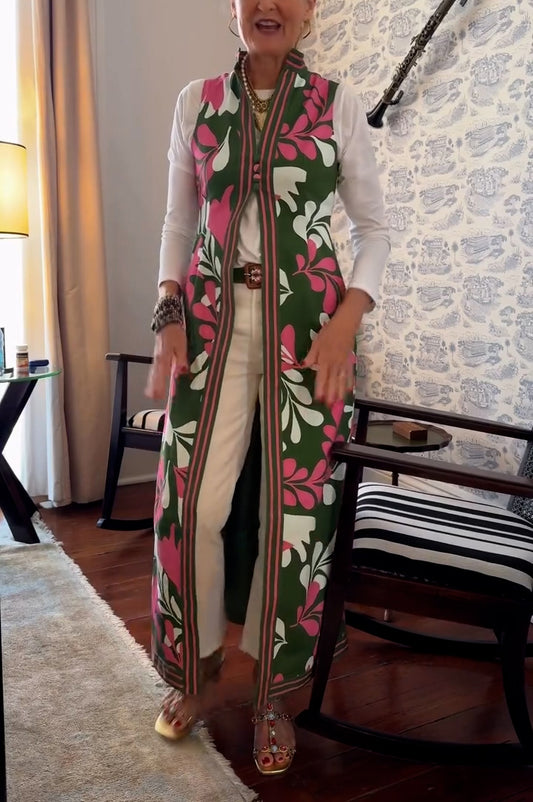 Vintage Green Floral Sleeveless Open Front Gown