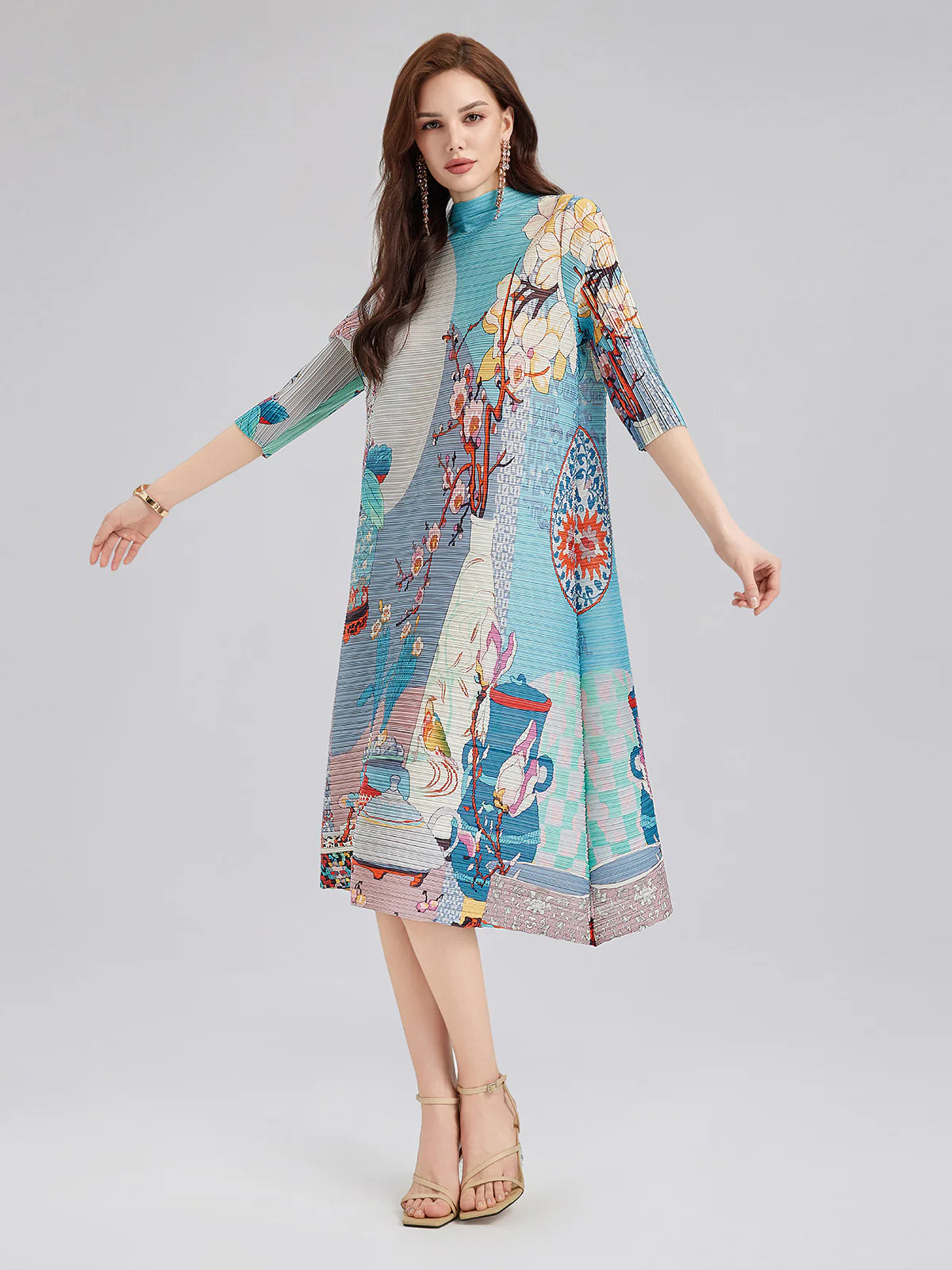Artistic Print Pleated High Neck Dress