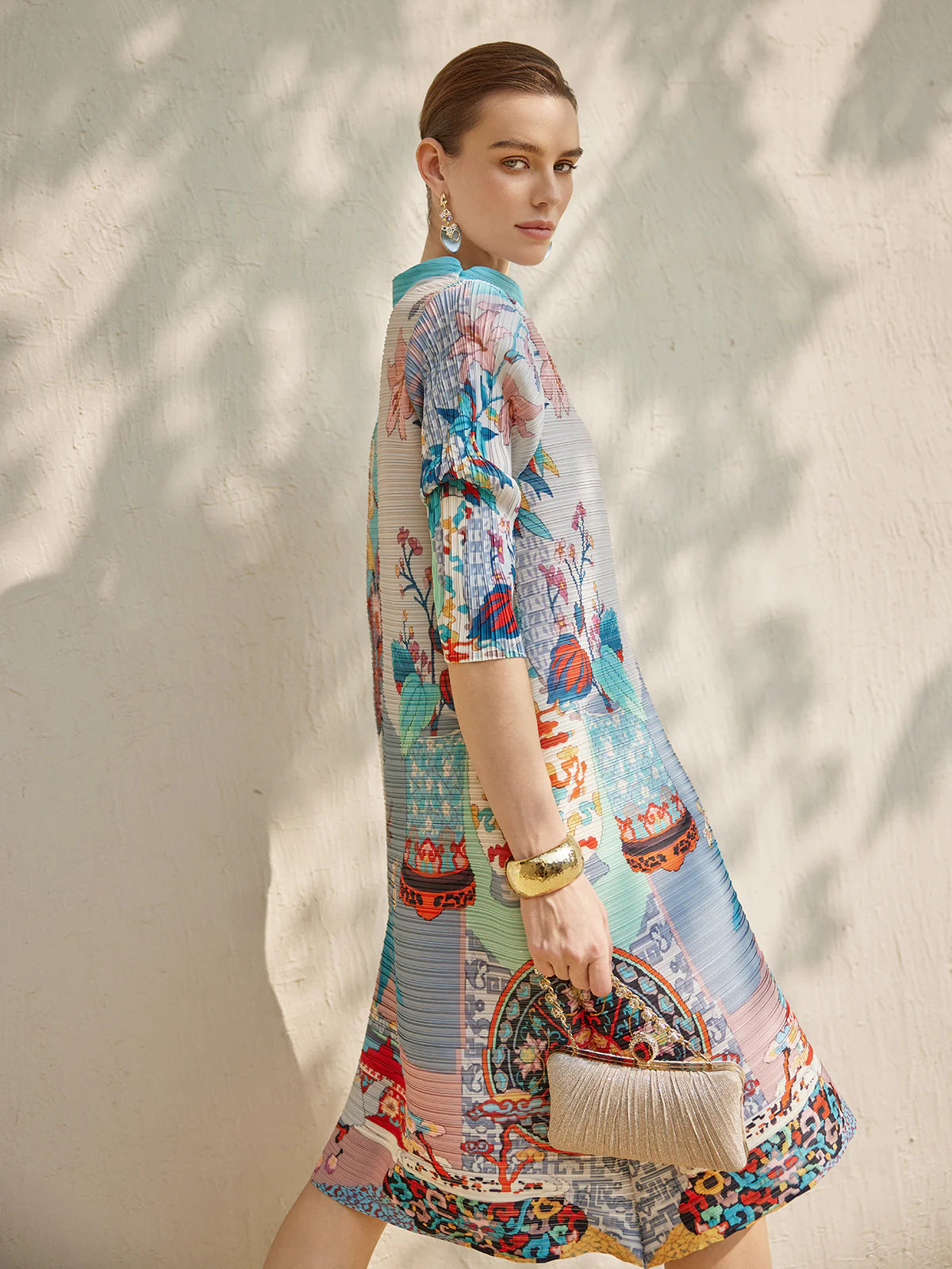 Artistic Print Pleated High Neck Dress