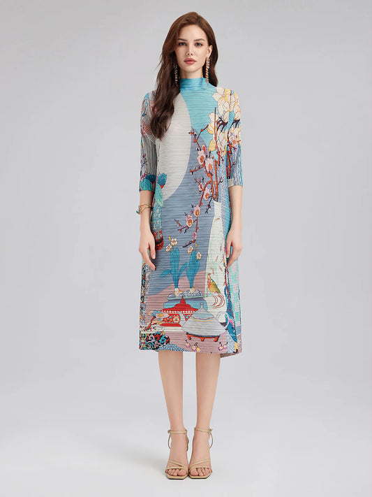 Artistic Print Pleated High Neck Dress