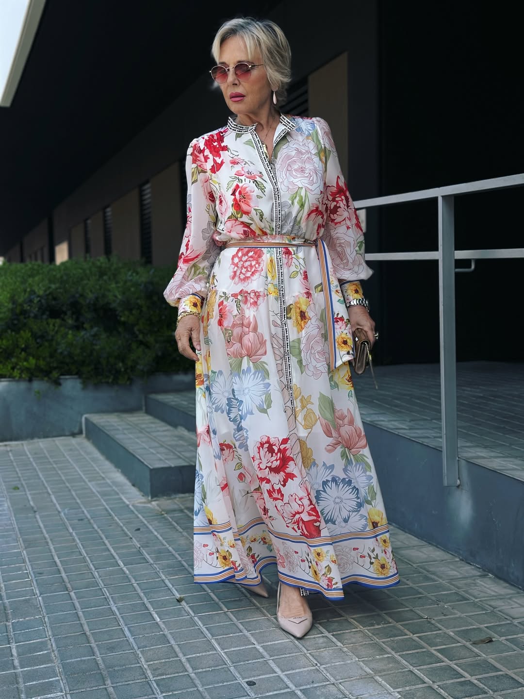 Floral Printed Adjustable-Cuffs Shirt Dress