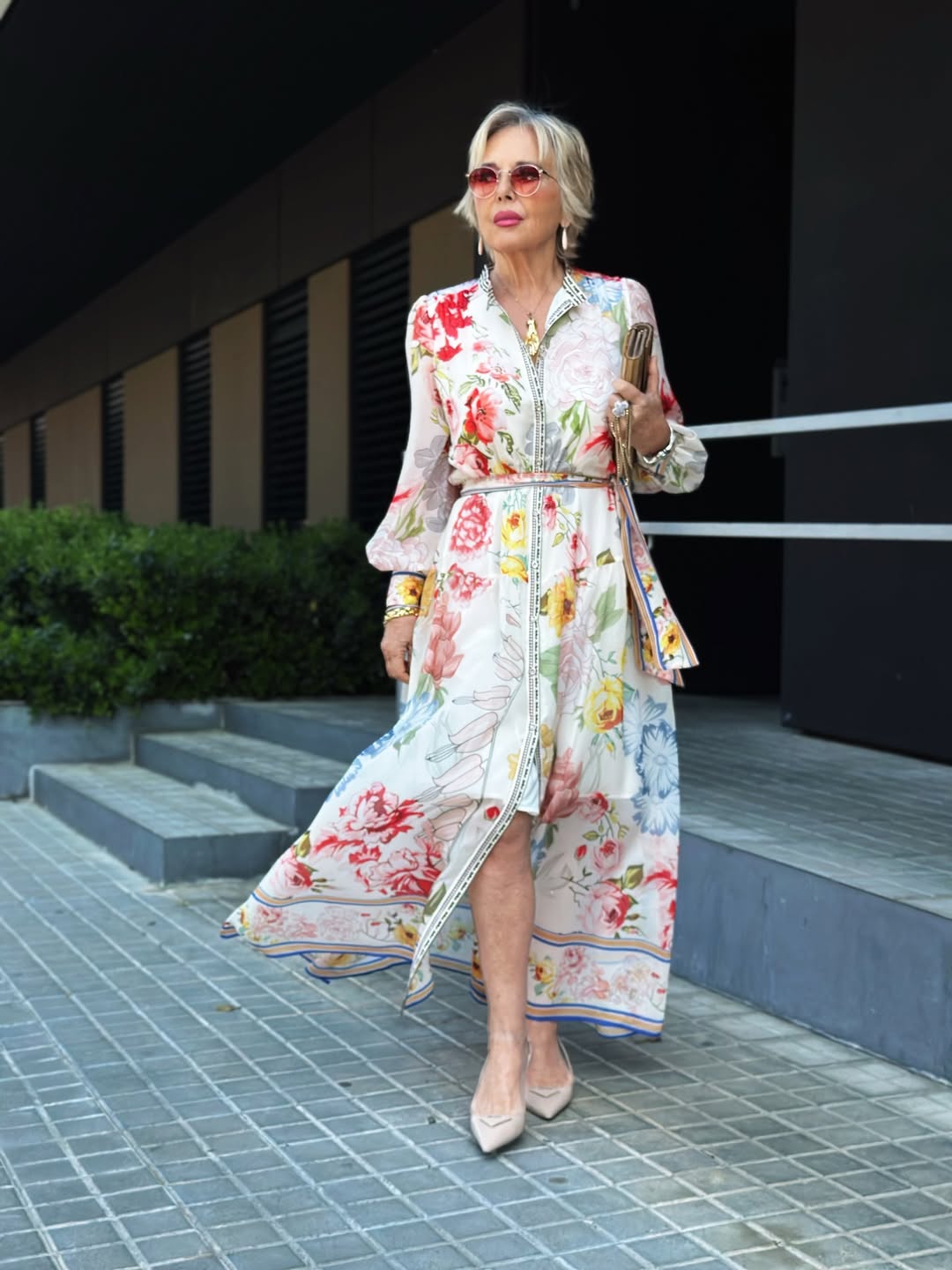 Floral Printed Adjustable-Cuffs Shirt Dress
