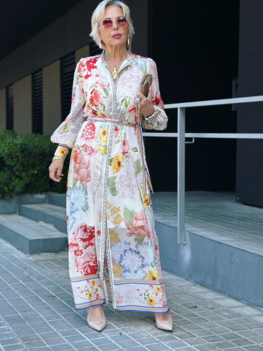 Floral Printed Adjustable-Cuffs Shirt Dress