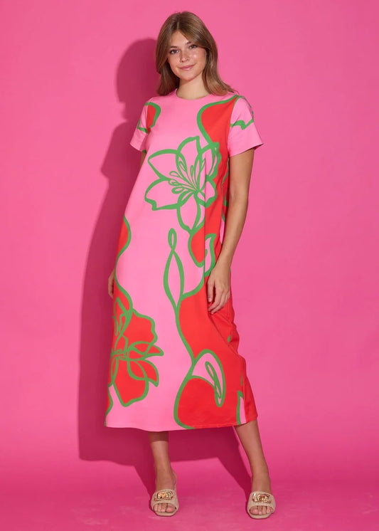 Red Abstract Floral Line Art Shift Midi Dress