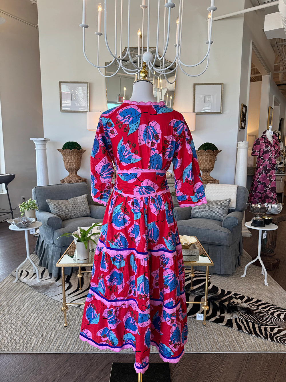 Vintage Boho Red & Pink Floral Scalloped Edge Wrap Tiered Midi Dress