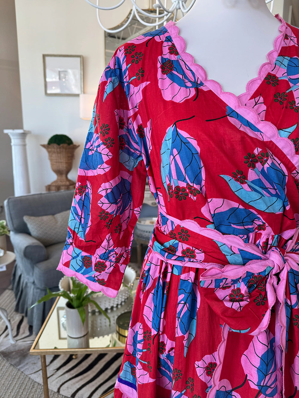 Vintage Boho Red & Pink Floral Scalloped Edge Wrap Tiered Midi Dress