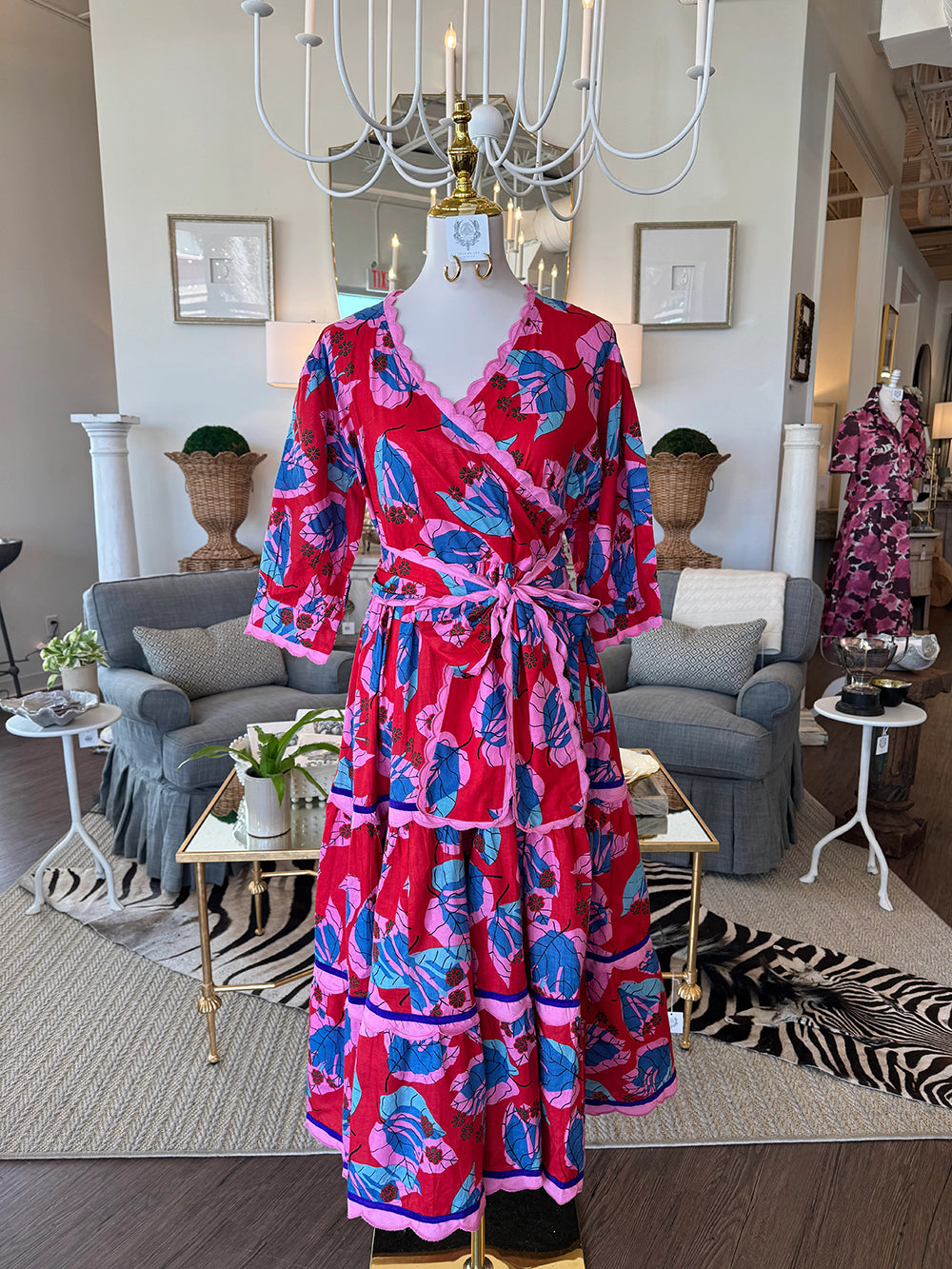 Vintage Boho Red & Pink Floral Scalloped Edge Wrap Tiered Midi Dress