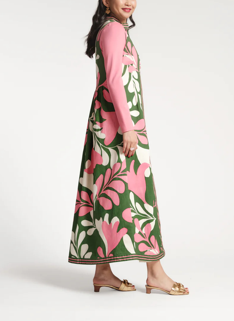 Vintage Green Floral Sleeveless Open Front Gown