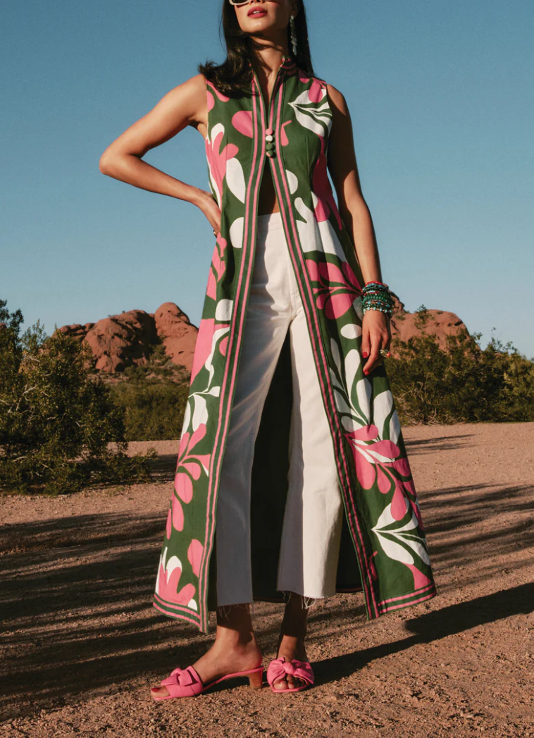 Vintage Green Floral Sleeveless Open Front Gown