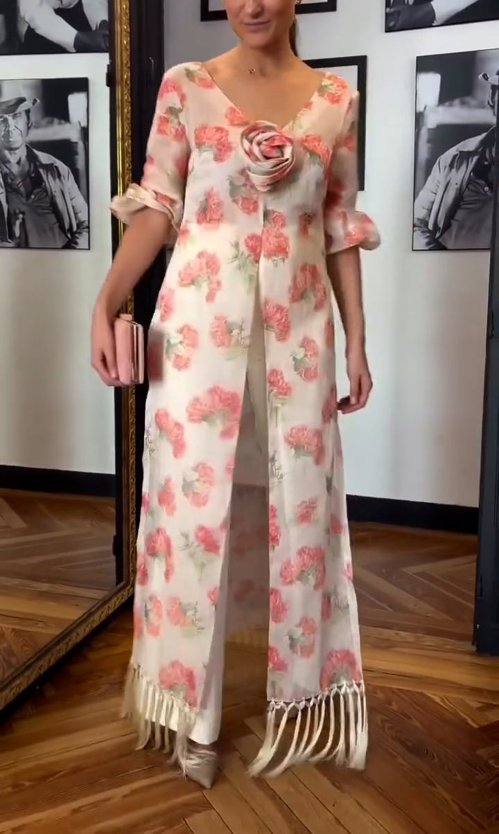 Cream Blush Floral Fringe Hem Maxi Dress