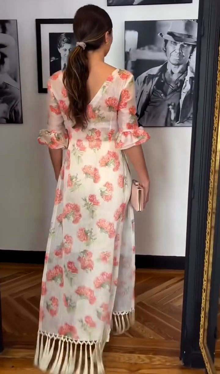 Cream Blush Floral Fringe Hem Maxi Dress