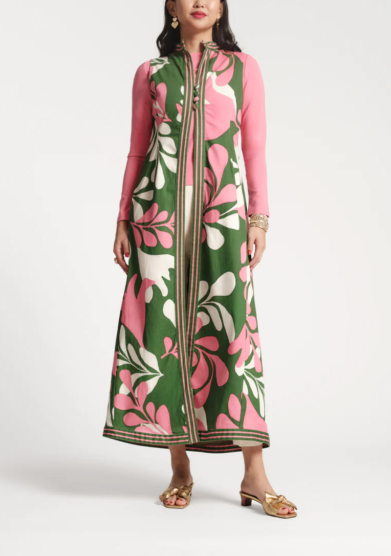 Vintage Green Floral Sleeveless Open Front Gown